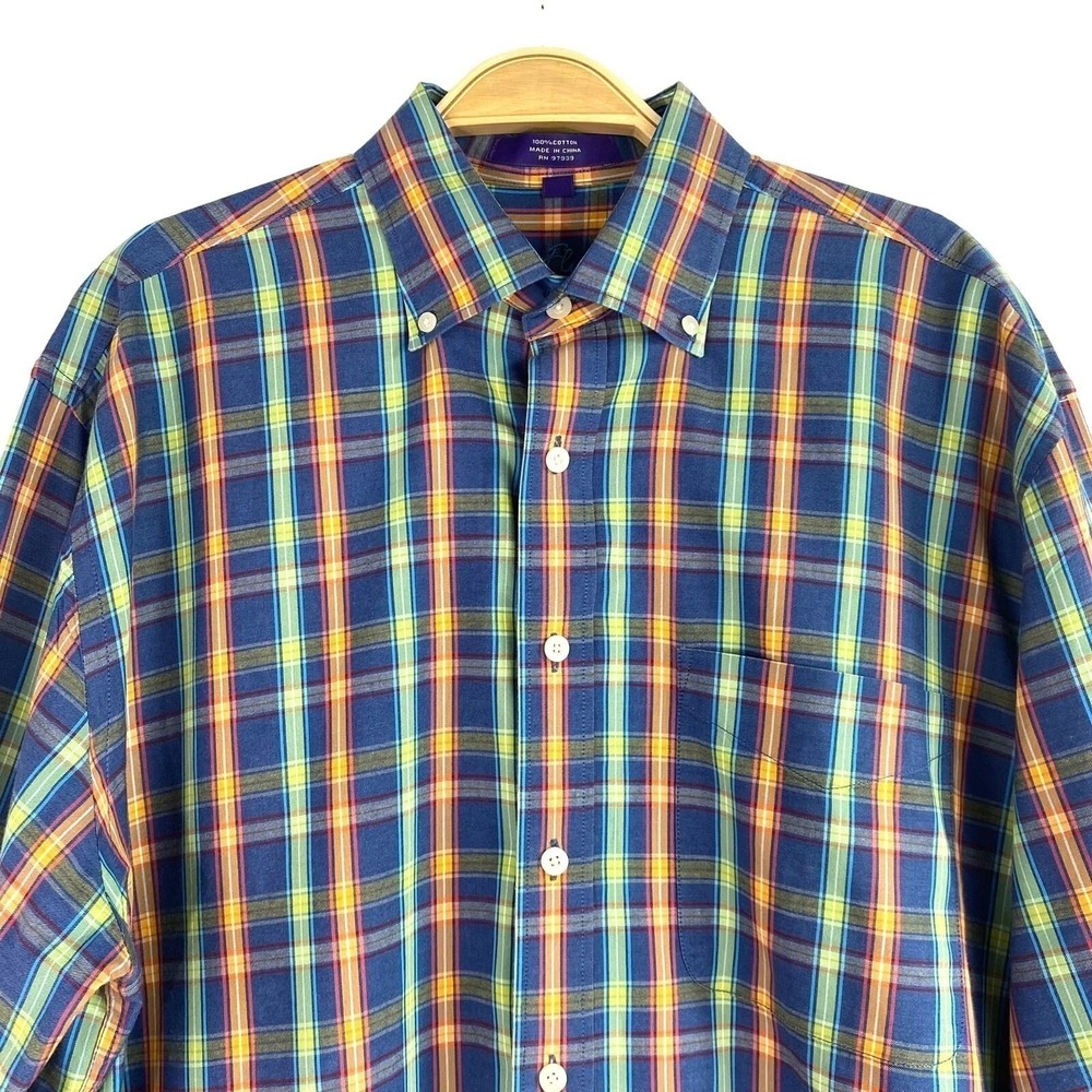 Alan Flusser Madras Plaid Button Down Shirt Long Sleeve Men M Blue Green Preppy